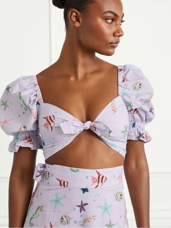 Hill House Tops - Hill House Isabella Crop Top Sea Creatures Lilac Puff Sleeve Tie Front Size S